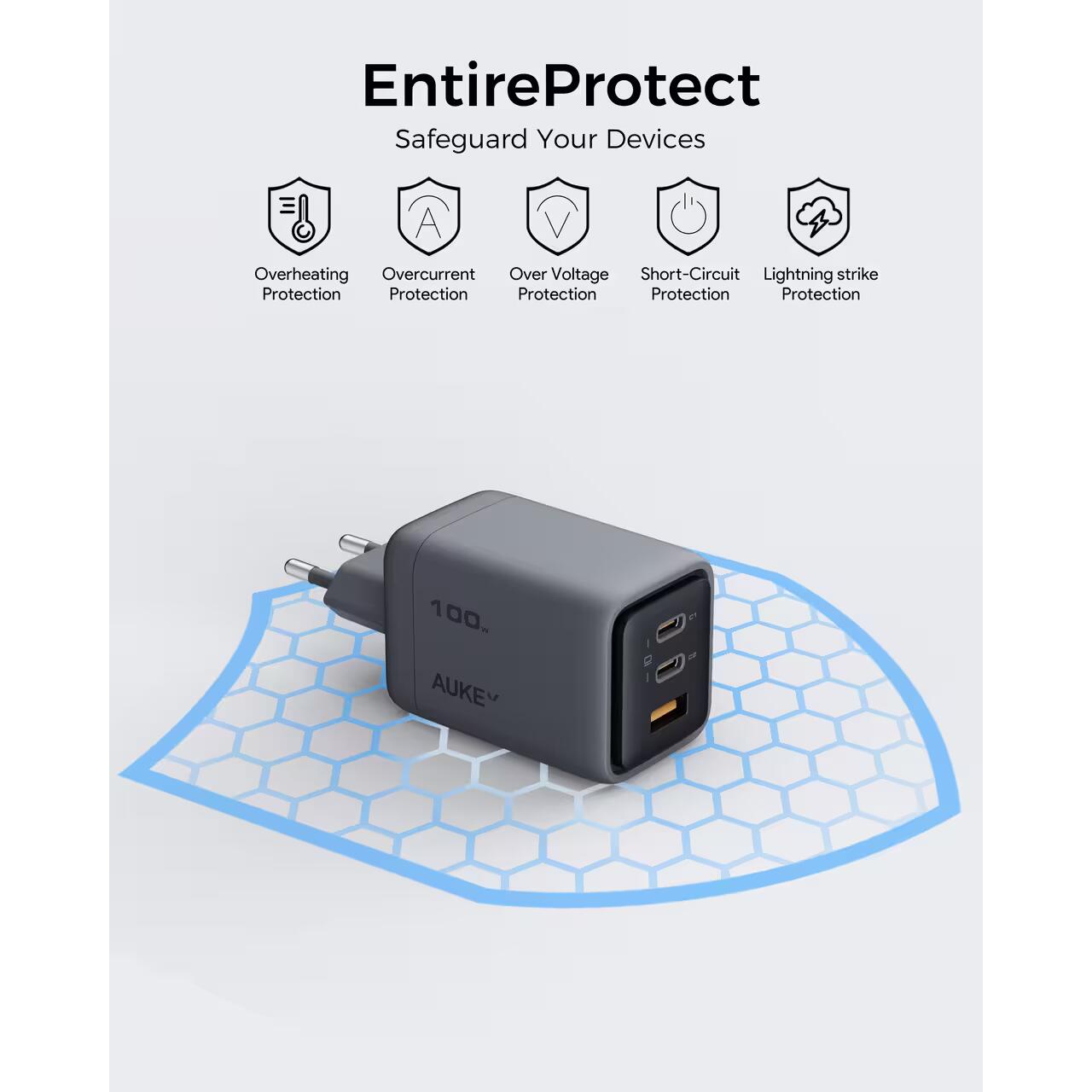 AUKEY Comet Mix 3 100W PD 3-Port GaN zidni punjač s PPS-om