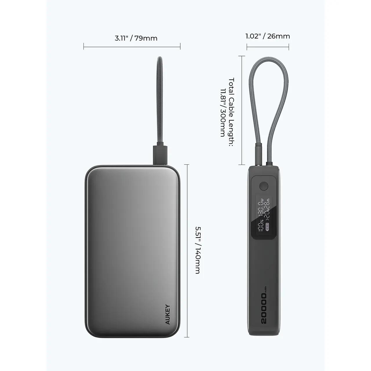 AUKEY Spark Sling 20000 Compact Fast Charging Power Bank s ugrađenim USB-C kabelom