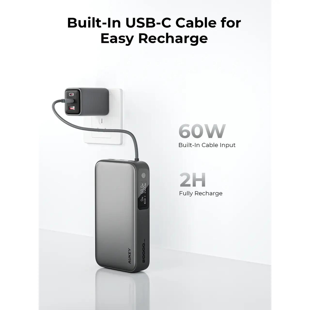 AUKEY Spark Sling 20000 Compact Fast Charging Power Bank s ugrađenim USB-C kabelom