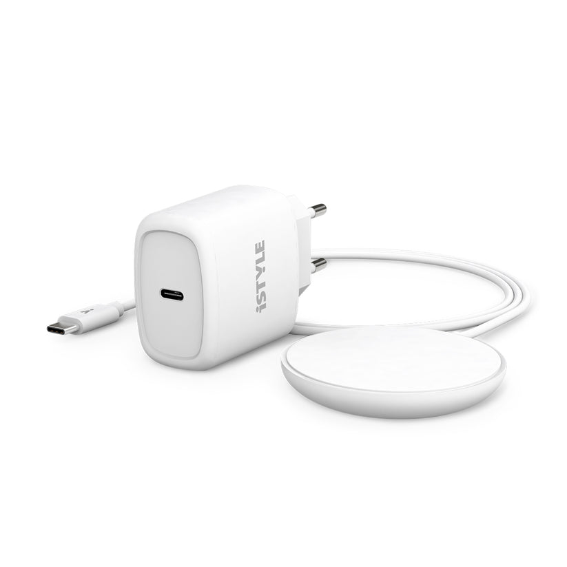 iStyle Magnetic Wireless Charging Cable Bundle 7,5W/15W - With USB-C Cable & 20W PD Charger - White